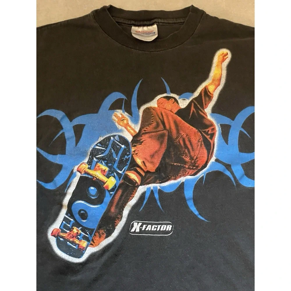 Vintage Y2K Skate X-Factor T-shirt Youth Size‎ Medium 10-12 Black Yin Yang 90s